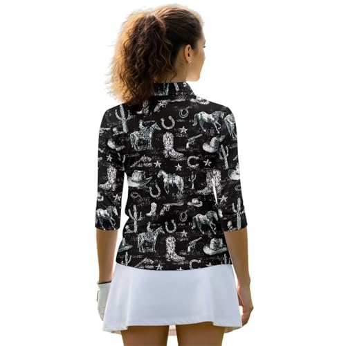 Oramclsy Horse Womens Golf Shirts 3/4 Long Sleeve V Neck Button Down Shirts Versatile Athletic Apparel Business Causal Work Blouses Tops Slim Stretchy Soft All-Match
