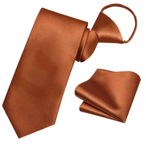 Image of YourTies Zipper Tie for Men Adjustable Pre-Tied Neckties Pocket Square Set | Solid Color Satin Pre Tied Mens Tie Pocket Square Gift Box Set,Formal Casual Wedding Business Party,for Suit Shirt Tuxedo