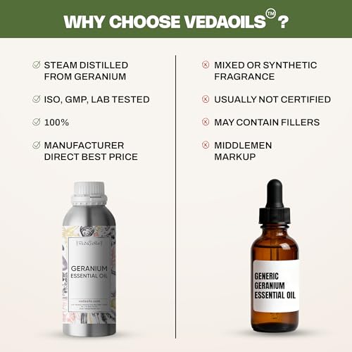Image of VedaOils Geranium Essential Oil 100ml | Pure & Natural Geranium Oil for Skin, Hair, Diffuser, Candles, Air Fresheners, Soaps & Aromatherapy