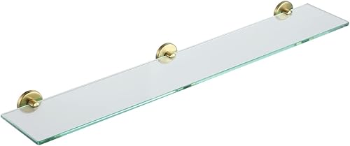 JQK Estante de vidrio para baño dorado, almacenamiento de ducha de vidrio templado 30 por 5 pulgadas, montaje de pared dorado cepillado de acero