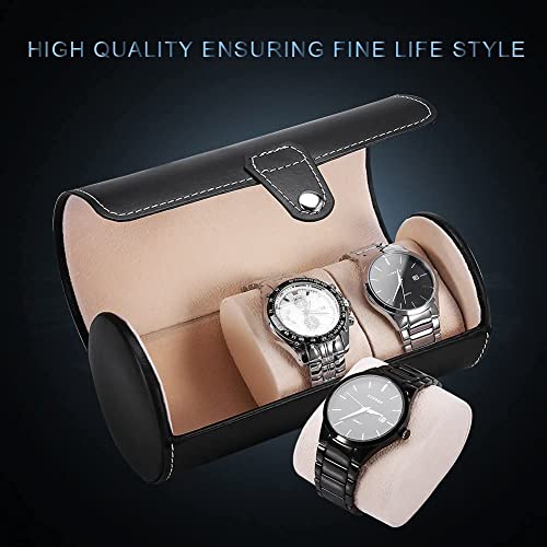 Image of Premium 3 Slot Watch Keeping Box for Men Women PU Leather Watch Organizer Round Case Watch Holder Pouch for Travel with Lock and Cushion - Black - Pack of 1