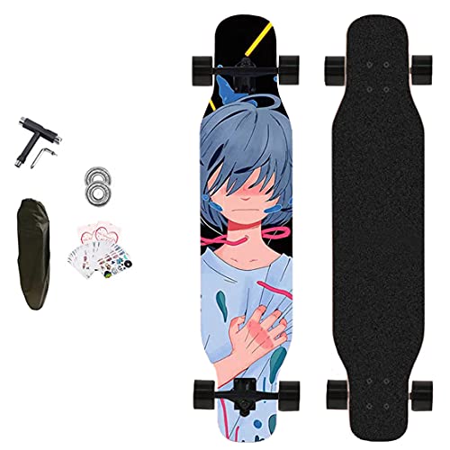 Longboard Skateboard Anime Design for Young Children, Skate Board Cruiser Complete with 8-Ply Maple Wood Deck & ABEC-11 Ball Bearings, 107Cm / 42In Deck Brush Street Dance Board with T-Tool 2 Bearings