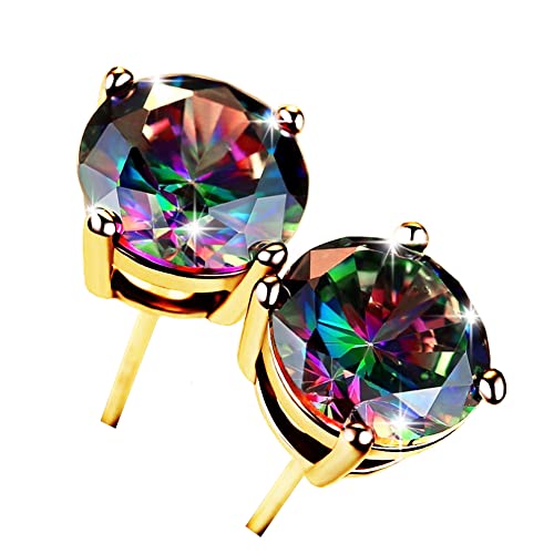18K Gold Plated Round Rainbow Quartz Stud Earrings Colourful Fashion CZ Mystic Topaz Stud Earrings Hypoallergenic for Women Men Jewelry Gifts