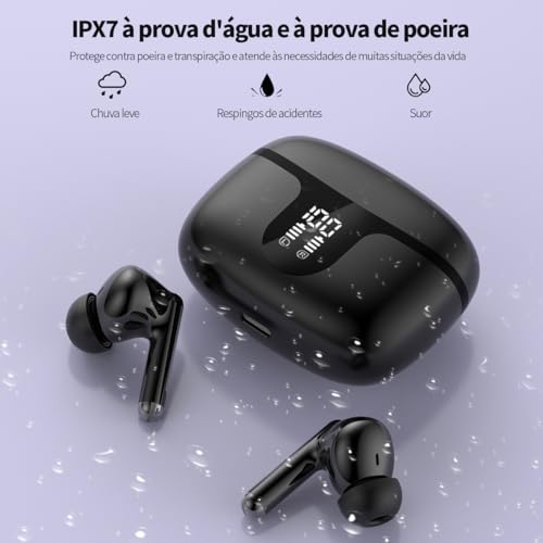 Fone de Ouvido Sem Fio Bluetooth 5.3 com Cancelamento de Ruído, 60H Playback, LED Power Display, Fon