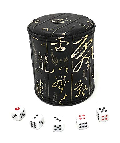 Thy Collectibles Dice Cup With 5 Dices, Pu Leather Professional Dice Shaker Cup Set For Yahtzee / Craps / Backgammon Or Other Dice Games Chinese Calligraphy Design #TOP13