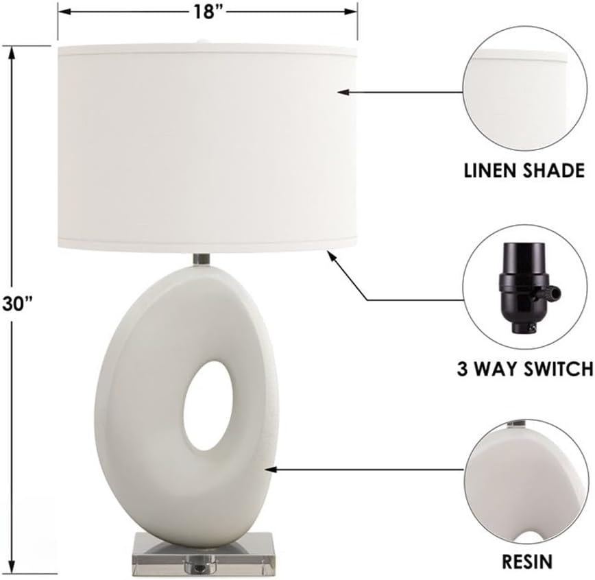 Pemberly Row Contemporary 30" Organic Resin Table Lamp, White Finish, Handmade Base with Linen Shade, 3-Way Switch, Sculptural Modern Style for Bedroom, Living Room, or Entryway Decor