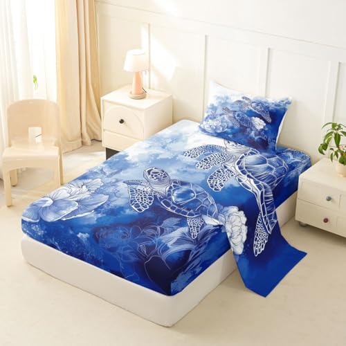 Image of jejeloiu Sea Turtle Bed Sheets Set Full Size Blue Flowers Deep Pocket Fitted Sheet Ocean Bedding Sets Reptile Tortoise Soft Bed Set 4Pcs with 2 Pillow Cases