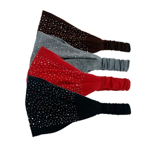 MUSISALY 4個高弾力 水晶デザイン ヘアバンド ヨガ メイク用 黒 茶 赤 灰 各