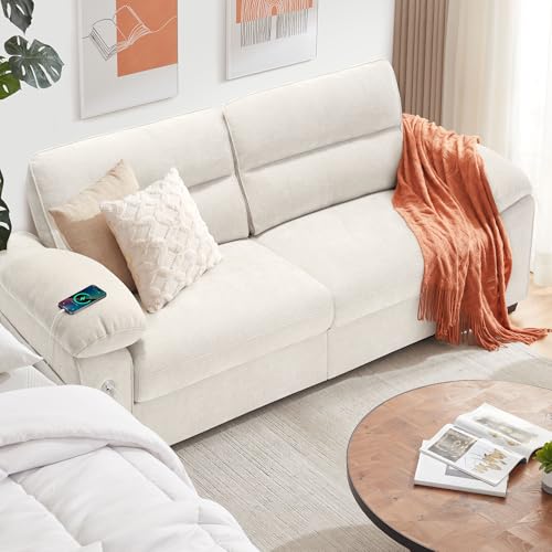 Image of Ihanherry 90.5 inch Modern Sofa 2-Seater Couch for Living Room, Chenille Pillow-Armrest with Extra Large Seat Width, USB /Type-C Charging Port & Side Pocket, Removable Medium Firm Cushion(Beige)