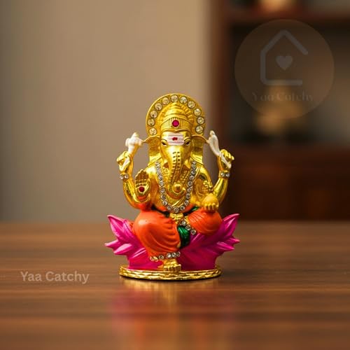 Image of Lord Ganesha Car Dashboard Idol & Crystal Stones Lotus Base Design Hindu God Ganpati.Believed to Protect and Bless Travelers on Their Journeys. (Color)