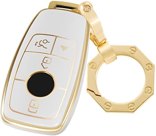 for Mercedes Benz Key Fob Cover Car Key Case Shell with Gold Keychain fit Mercedes Benz E S A C G Class 2017-2022(White)