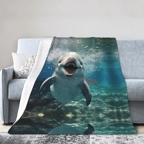 SDFHU Manta de franela de viaje con estampado de delfín de animales divertidos, manta de aire acondicionado, para cama, sofá, camping