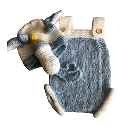 MEIKONG 3 Pièces/Ensemble Nouveau-né Infantile Bébé Accessoires De Photographie Tricoté sans Manches Bouton Barboteuses avec Vache Bœuf Chapeau Dessin Animé Bouteille De Lait Jouet Cover