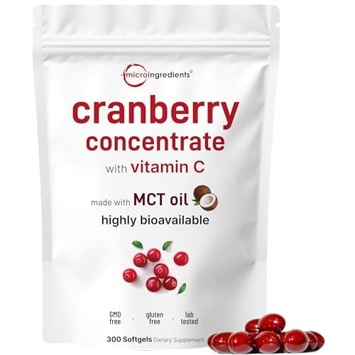 Micro Ingredients Cranberry Supplement for Women | 300 Softgels with Vitamin C & MCT Oil | Highly Bioavailable 40,000mg Equivalent Extract | Cranberry Pills for Women Support Urinary Tract H