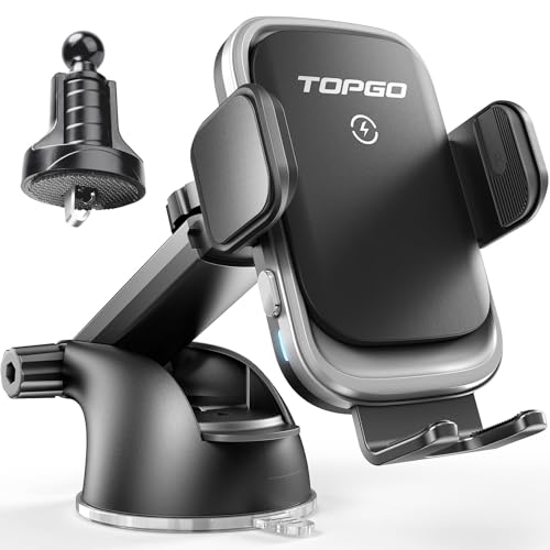 TOPGO Dashboard Wireless Car Charger, Universal Cell Phone Holder, Wireless Charger Phone Holder, 15W Fast Charging for iPhone16 Pro Max, Samsung Galaxy - Black