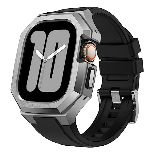 Image of Luxury Metal Case with Band Compatible for Apple Watch 44mm 45mm 46mm 49mm,Men Rugged Protective Bumper Cover with Soft Silicone Strap for iWatch Series 11 /10 /9 /8 /7 /6 /SE3 /SE2 /SE /5 /4 and Ultra 3 /2 /1 49mm