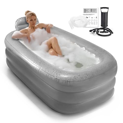 Inflatable Bathtub Adults - Blow Up Bathtub Adult for Indoor Shower Use, Portable Bathtub Adult with Cover, 62.2x37.4x17.72in, Light Grey
