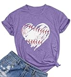 Picture of Baseball Shirts Women Baseball Mom Tshirt Baseball Heart Graphic Tee Game Day Gifts Funny Short Sleeve Tops Purple