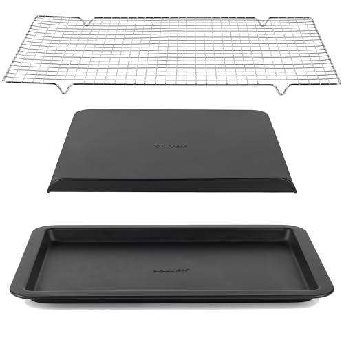 Salter COMBO-8905 Bakes Baking Tray, Sheet & Cooling Rack Set - Non-Stick Flat Oven Sheets, Slide Off Cookie Mat, Carbon Steel Metal Wire Cake Tray, Oven Safe Up To 220°C, PFOA-Free, 32/37/41 cm Black