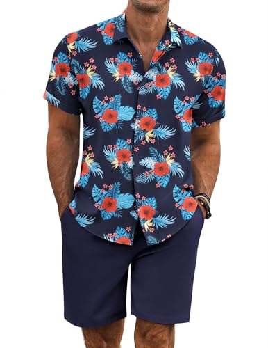 COOFANDY Men's Summer Beach Outfits 2 Piece Short Sleeve Shirts and Shorts Vacation Texture Linen Sets for Men