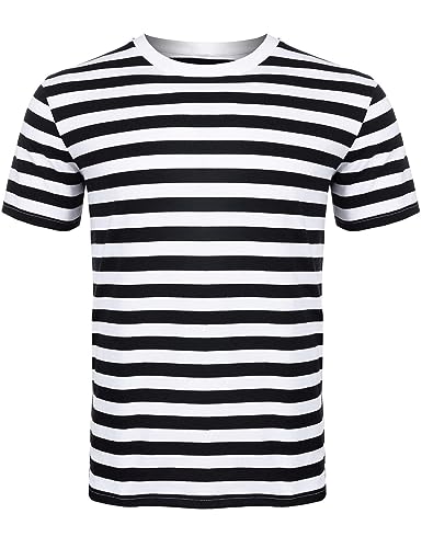 Mens Womens Tshirts Ladies Striped Short Half Sleeves Cotton Top Round Neck Kids Casual Crewneck Summer Wears (Black/White Medium)