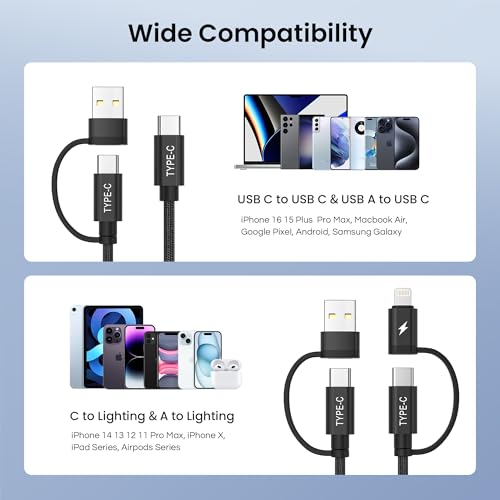 Basesailor 4-in-1 USB C to USB C Cable 10ft,60W Fast Charging Multi Charger Cord with USB-A Adapter/iOS/Type C for iPhone 15 14 13 Mini Max,Apple iWatch 9 8,MacBook Pro,iPad Air,S24 S23 S22 Plus