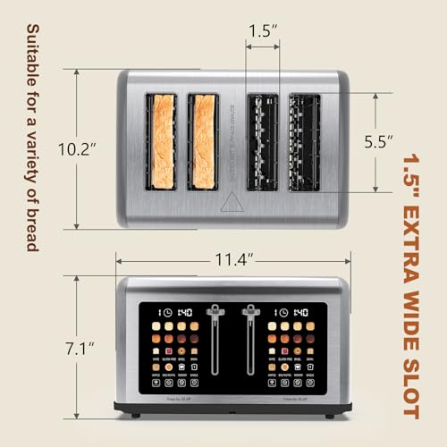 4 Slice Toaster Touch Screen, Stainless Steel Toasters Digital Timer, Dual Control Panel Toasters, 8 Shade Settings 6 Bread Types for Bagel, Cancel, Defrost 1650W - Image 4