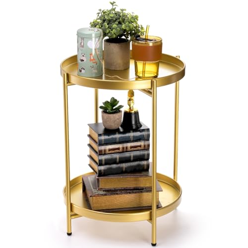 Tebery 2 Tier Gold Side Table, Metal Round End Tables with Removable Tray, Sturdy Indoor Accent Tables Nightstand, Folding Side Table for Living Room, Bedroom, Office, Balcony