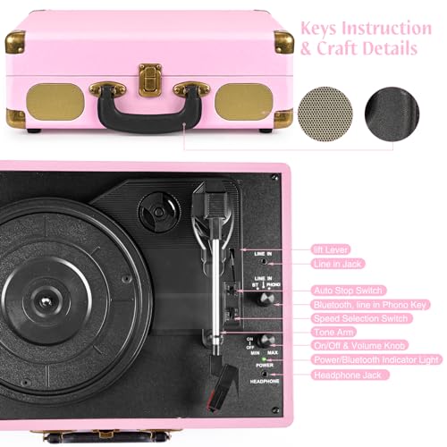 Image of Vinyl Record Player 3-Speed Bluetooth Suitcase Portable Belt-Driven Record Player with Built-in Speakers RCA Line Out AUX in Headphone Jack Vintage Turntable Pink