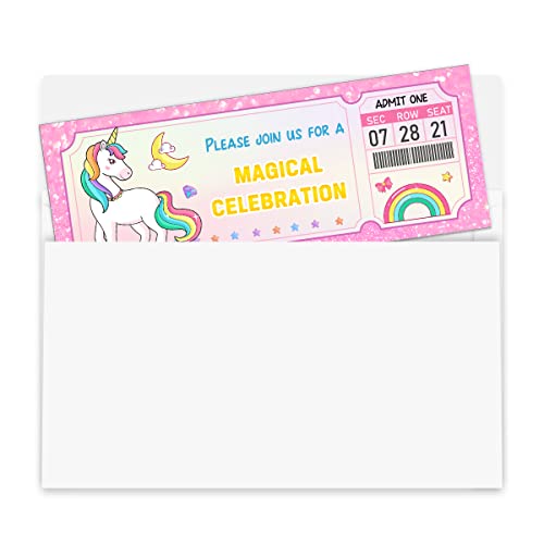 Unicorn Birthday Party Ticket Invitations, Pink Unicorn And Rainbow Fit With Young Girls , 20 Ticket + 20 Envelopes，Unicorn Princess Style Ticket Striped Kids Birthday Party Invitation Cards #TOP3