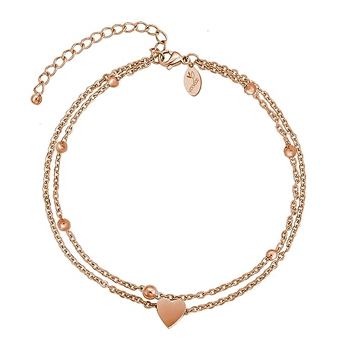 VICKWOOD Bracelet de cheville pour femme en acier inoxydable - Étanche - Extra long - 21 cm à 30 cm - Plaqué or 18 carats - Avec cœur - Doré/or...