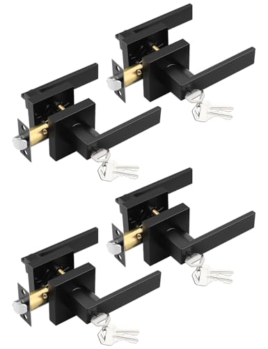 Image of Tinewa 4 Pack Entry Door Levers with Lock and Key, Matte Black Keyed Alike Lockset Combo Pack, Entrance Door Handles for Office and Front Door, Door Knobs Lockset (Each with 3 Keys)