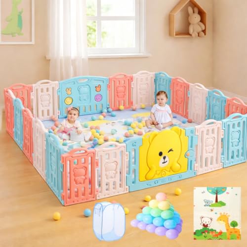 Image of Hukimoyo Large Baby Playpen 18 Panels /36 Sq Ft Play Area Indoor Setup with Mat ,balls | Play Yard for Babies 0-3 Years with Padded Boundary |Indoor Outdoor Toddler , infant fence Activity Center with Safety Door Lock & Suction Cups (6 * 6 FT)