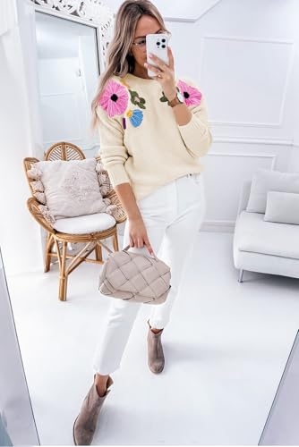 Stylish Long Sleeve Sweater: Beige Knitted with Flower Pattern4