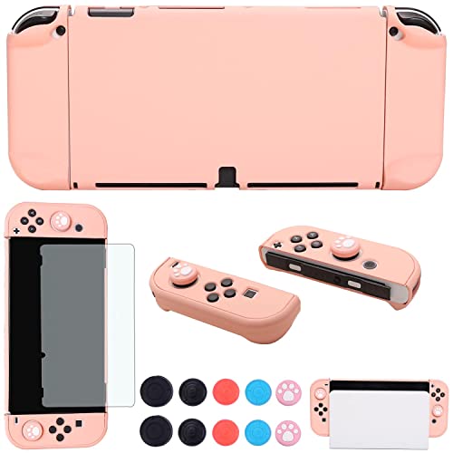 COMCOOL Funda acoplable para Nintendo Switch OLED 2021 – Bonitos accesorios de cubierta protectora para Nintendo Switch OLED y controlador Joy-Con con protector de pantalla para pulgar – Rosa