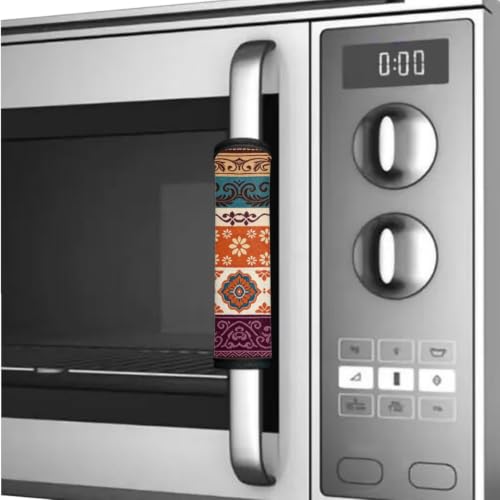 Image of Fridge Door Handle Covers Set of 6 Kitchen Appliance Decor Handles Glove Anti-Slip Protectors Washable Fabric Refrigerator Decor Accessories, Ethnic Floral Orange Violet Beige