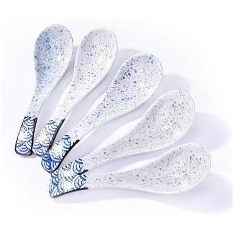 Cerficer Ceramic Soup Spoons Japanese Ramen Spoons Set of 5 Wonton Spoon for Pho Ramen Noodles Wonton Dumpling Rice,With Blue Spots Cover