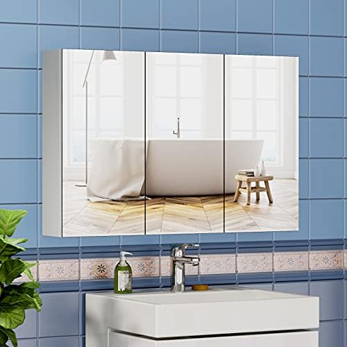 BELIWIN Bathroom Wall-Mounted Mirror Cabinet White, 3-Door Mirrored Storage Cupboard, Adjustable Height Shelves Storage Unit (90 x 60 x 15 cm)