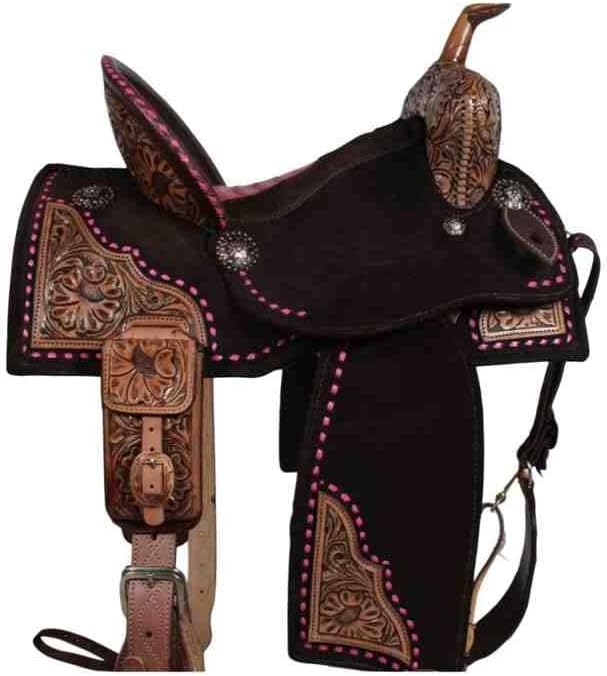 Western Wooden Tree Barrel Racing Horse Saddle Custom Cowboy Cowgirl Handmade Premium Leather Pleasure Comfort Trail Tack Equestrian Tooled Carved Saddle for Riding Size: 10-18 inch Seat, MO-16