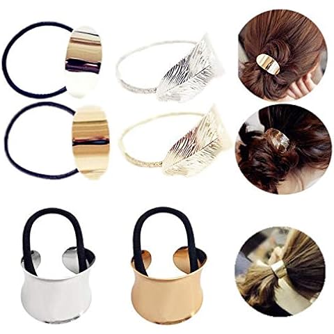 JinYu 6 Pcs Circle Cuff Metal Hair Ties Metal Ponytail Holder Metal Leaf Hair Rope Punk Metal Hair Cuff for Women Girls Wearing Cover