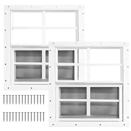 Yuzzy Shed Windows 2 Pack Chicken Coop Windows 24 x 24 with Tempered Glass and Fiberglass Screen Flush Mounted Small Window for Shed Barns Playhouse Household Garage (White)