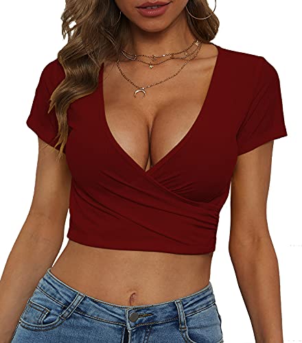 SUNRO Womens Plunge Neck Deep V Short Sleeve Slim Fit Surplice Cross Wrap Crop Top T Shirt Blouse (Wine Red, X-Small)