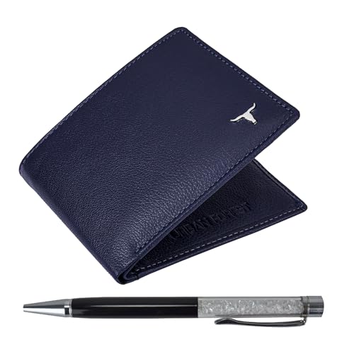Image of URBAN FOREST Griffin Aniline Blue Leather Wallet & Diamond Pen Combo Gift Set for Men