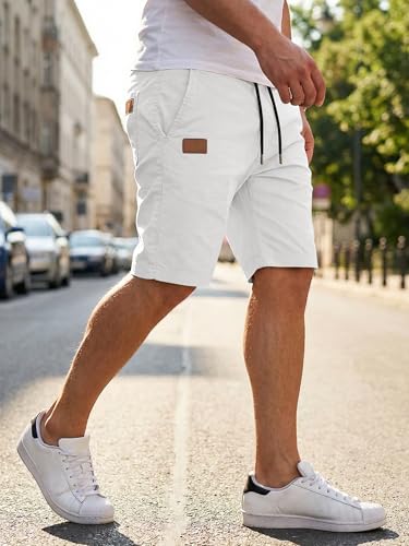 JMIERR Mens Casual Shorts - Cotton Drawstring Summer Hawaiian Beach Stretch Waist Twill Chino Dress Golf Travel Essentials Shorts with Pockets for Men 9 Inch Inseam, 5XL, S White - Thumbnail 3