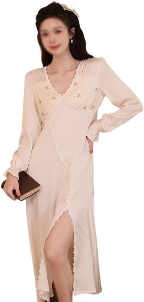 Long sleeve French pajamas woman embroidered ice silk suspenders breast padded sleeping dress