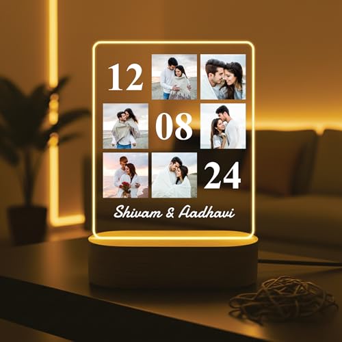 Image of Giftplease Customized Acrylic LED Photo Plaque with Wooden Base | Personalized Anniversary & Valentine's Day Gift | 6-Photo Collage Night Light with Special Date & Names | Warm Glow Home Decor