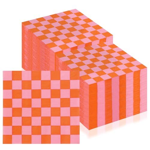 Serviettes en papier à carreaux roses et oranges 12,7x12,7 cm | Lot de 150 pièces pour cocktail