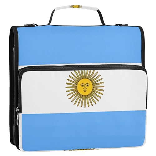 Funny 3,8 cm 3-Ring-Ordner, strapazierfähig, Argentinien-Flagge, Reißverschluss, Organizer, Aufbewahrung, Portfolio-Ordner mit Griff, mit Gurt für die Schule