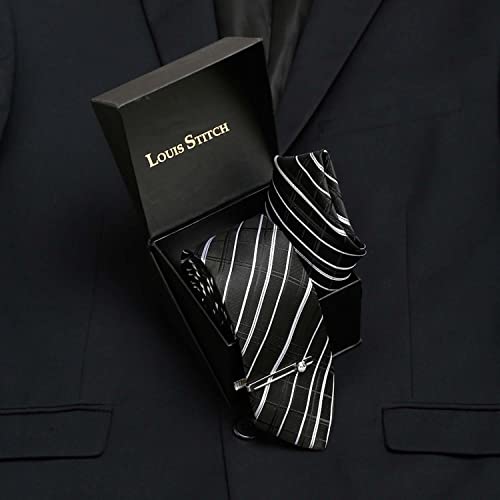 Image of LOUIS STITCH Mens Black Italian Silk Necktie Set Incl Pocket Square Chrome Tiepin American Style Formal Tie Gift Set for Men (TECPBL-#)