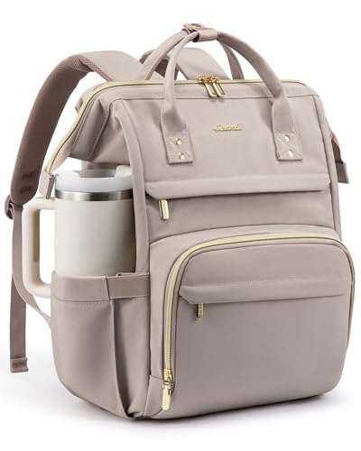 Image of LOVEVOOK Laptop Backpack for Women with Giant Tumbler Holder Pocket,17 inch Waterproof Travel Backpack Purse Computer Laptop Bag,Professional Work College Nurse Teacher Backpack Daypack,Grayish-pink